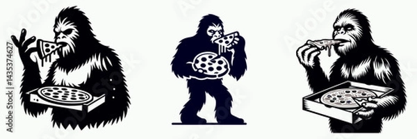 Fototapeta Bigfoot eat pizza. Sasquatch cartoon clipart. Hairy hominid devour flatbread round with topping. urban legend enjoys pie.