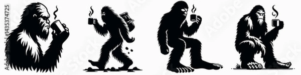 Fototapeta Bigfoot Drinking coffee. Sasquatch cartoon clipart. Elusive hominid enjoys morning brew slurping down caffeinated beverage.