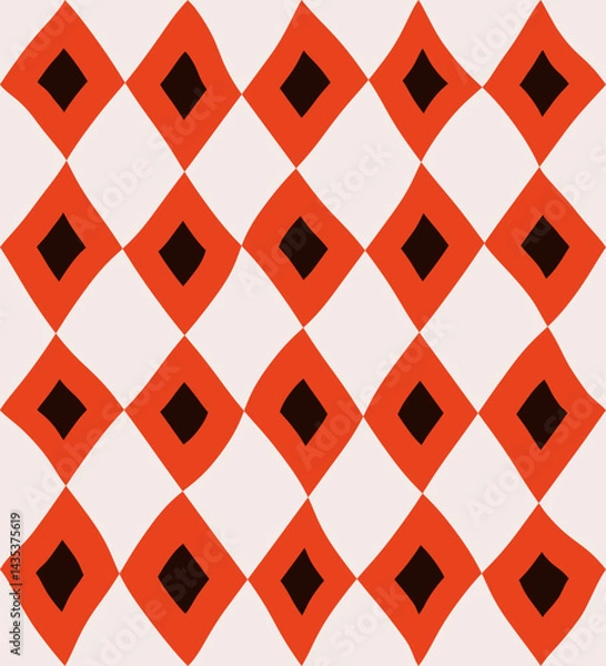 Obraz Seamless abstract geometric modern pattern of red and black rhombuses in a row on a light background, simple hand drawn illustration, flat style