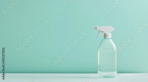 Fototapeta A clear plastic spray bottle filled with liquid stands against a soft teal background, emphasizing simplicity and cleanliness.