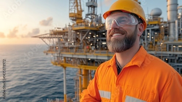 Fototapeta Ocean's Architect: A diligent worker at an offshore platform, his determined gaze reflecting the expansive ocean, symbolizing industry, safety and unwavering dedication.