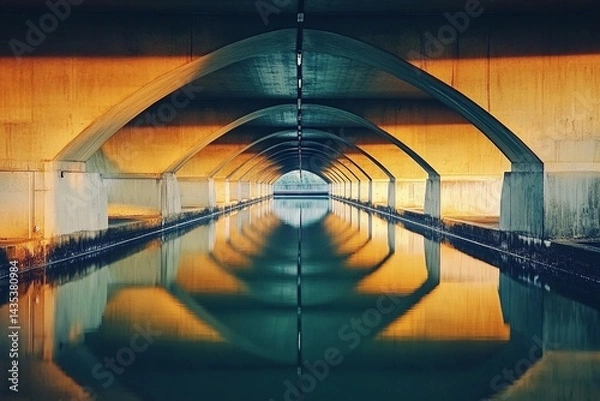 Obraz Vaulted bridge structure creates stunning mirror reflection beneath in calm water during early morning light