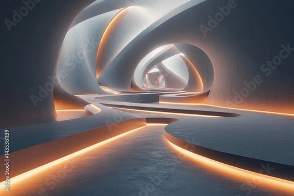 Obraz Futuristic museum showcasing symmetrical spiraling ramps illuminated by soft lighting for an immersive visitor experience