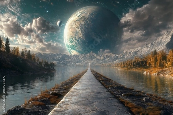 Obraz Magical road leads through a cosmic landscape toward distant planets in a starry night sky