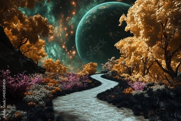 Obraz Magical road leads through a cosmic landscape toward distant planets in a starry night sky