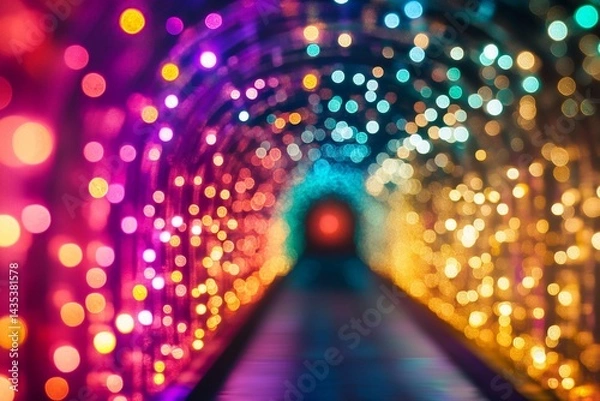 Fototapeta Colorful illuminated tunnel creates a stunning visual experience with shimmering lights in various hues