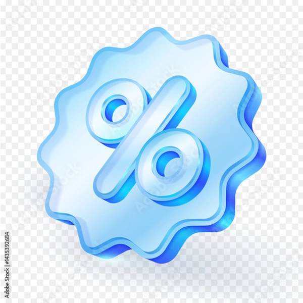 Fototapeta 3d icon percentage discount sign in glass blue glossy. This symbol is often used in sales, discounts, promotion and finance topics. Vector illustration.
