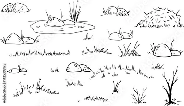 Fototapeta Nature elements, rocks, grass, bushes, pond, black-white sketches, simple design. Includes trees and water features for a rustic scene. Ink doodle set