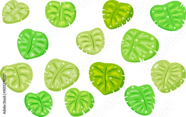 Obraz Lily pad leaves cartoon set, green foliage, white background, playful design, nature elements. Various sizes with detailed textures. Art brings a fresh and tropical vibe.