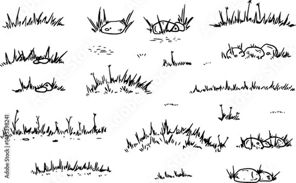 Obraz Hand-drawn sketches of grassy fields, rocky landscapes, and doodle natural scenery. Set for nature-themed projects, backgrounds, or illustrations