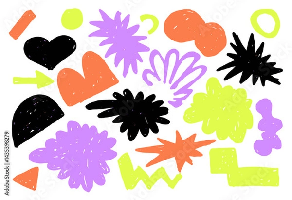 Obraz Colorful abstract hand-drawn shapes on a white background. A playful mix of organic and geometric elements in black, orange, purple, and yellow creates a fun, modern composition for creative projects.