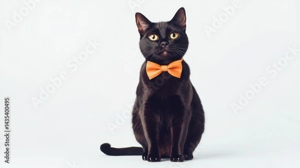 Fototapeta A black cat with an orange bow tie sits elegantly against a plain background.