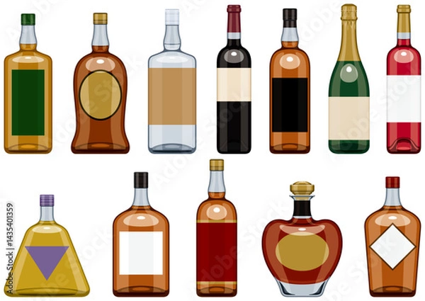 Obraz いろいろな種類の洋酒とワインのボトルのセット