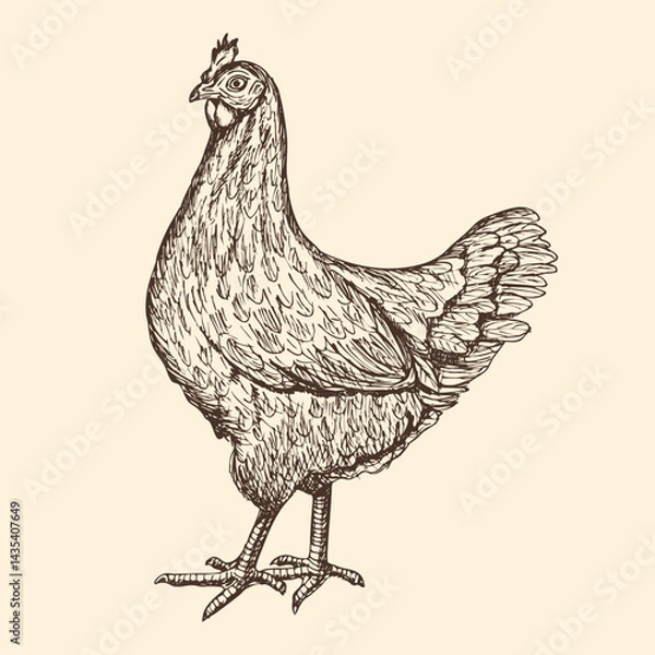 Obraz Hen chicken sketch outline illustration. Farm chicken doodle drawing in engraving style. Hand drawn vector line art clipart isolated