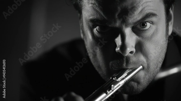 Fototapeta Man Playing a Flute With Intense Eyes and Expression