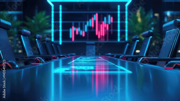 Obraz Visualizing market trends with floating holographic bar graphs and stock symbols in a futuristic corporate boardroom under blue neon lighting