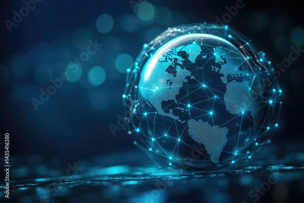 Obraz Visualizing holographic data streams across a global network in an advanced technological environment with dark glowing blue backgrounds and polygon connections