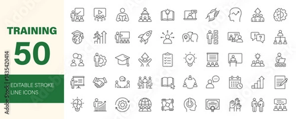 Fototapeta Training icon set. Containing coaching, workshop, education, seminar, advise, support, learning, webinar, skills, business and more. Editable line icons. Vector illustration.