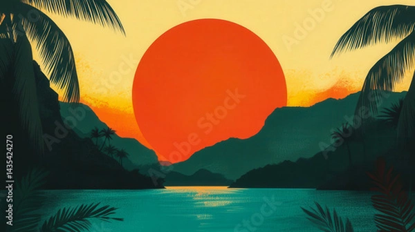 Fototapeta Tropical sunset with palms and mountain silhouette background