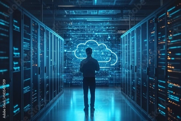 Fototapeta Cybersecurity Specialist Observing Cloud Data Center's Futuristic Glow