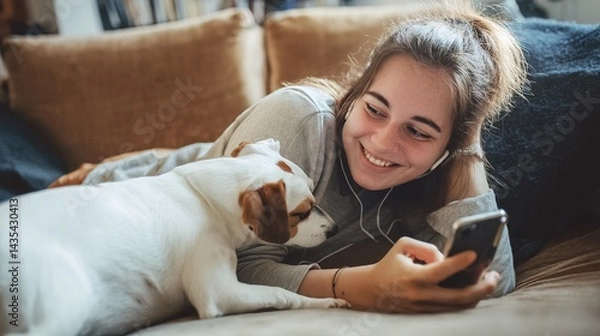 Obraz Relaxing girl at new real estate apartment home using mobile phone online app. 