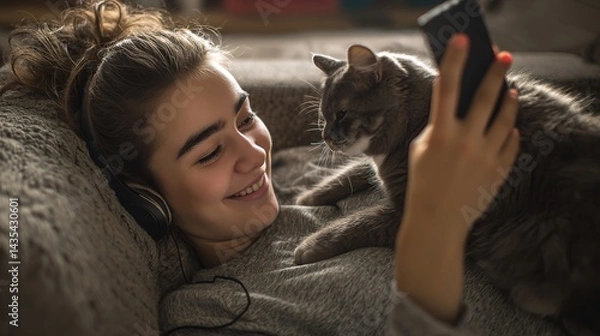 Obraz Relaxing girl at new real estate apartment home using mobile phone online app. 