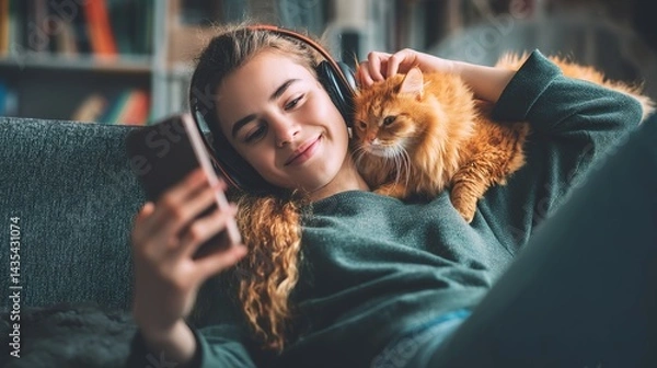 Obraz Relaxing girl at new real estate apartment home using mobile phone online app. 