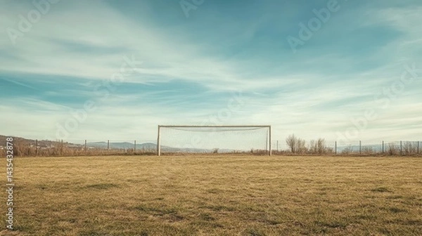 Fototapeta lonely soccer goal on empty field under blue sky