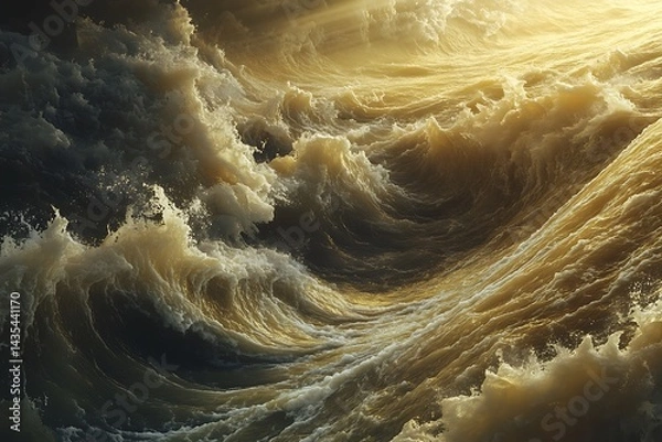 Fototapeta A dynamic depiction of waves colliding mid-ocean, their foam forming chaotic swirling patterns.