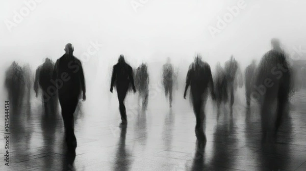 Fototapeta Blurred Silhouettes of People Walking on a Reflective Surface