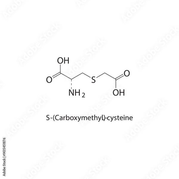 Fototapeta S-(Carboxymethyl)-L-cysteine skeletal structure. Thiol amino acid derivative compound schematic illustration. Simple diagram, chemical formula.