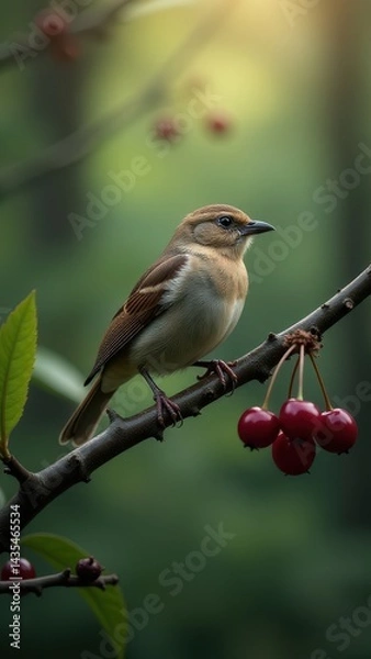 Fototapeta A vibrant bird with an orange chest perches on a branch adorned with ripe, dark cherries against a soft-focused green background