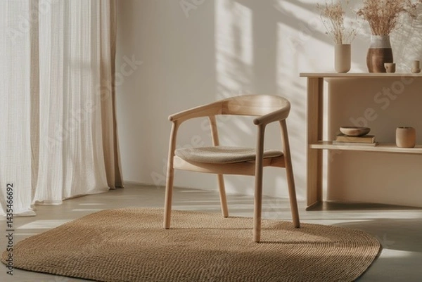 Fototapeta Simple wooden chair in a light room Natural light streams in, highlighting the chair and surrounding decor, creating a serene atmosphere Beige tones dominate the scene, with a woven rug 