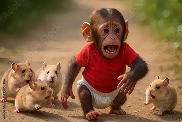Fototapeta Baby Monkey in Red Shirt Surprised by Group of Curious Hamsters