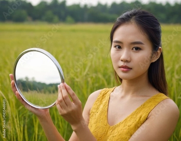 Fototapeta A woman holds a mirror in front of her face, self-reflection