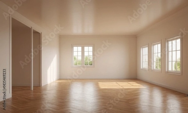 Fototapeta A simple room with wooden floors and windows, ideal for interior design and architecture projects