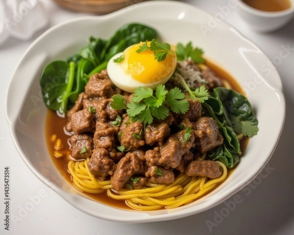 Fototapeta This image features a bowl of Taiwanese beef noodles, which are a staple in many Asian cuisines. The noodles appear to be light and slightly chewy, with a rich, brown broth that suggests a savory flav