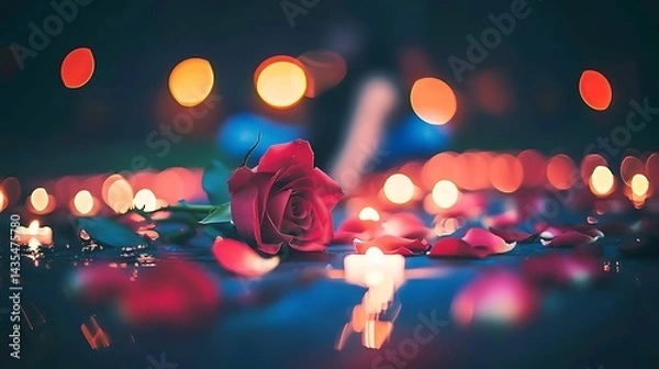 Obraz Romantic evening with a red rose, candles, and soft blurred lights