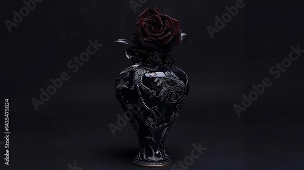 Obraz A captivating dark floral arrangement featuring a rose in an ornamental vase