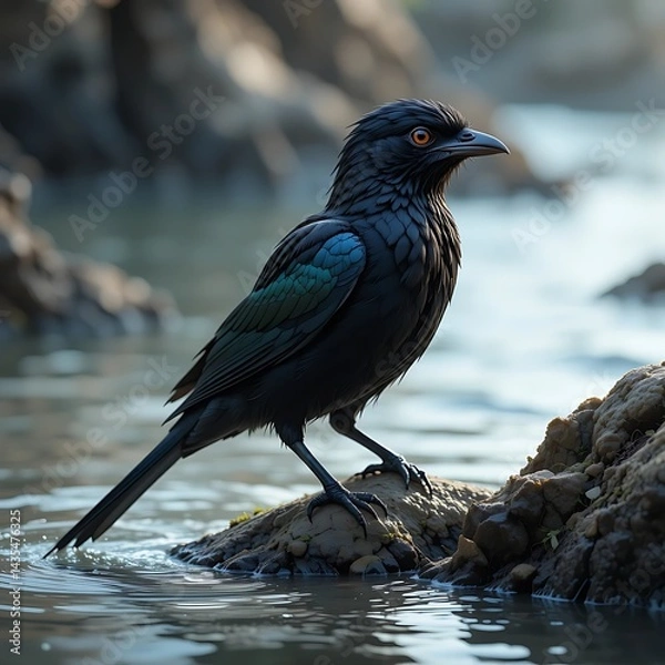 Fototapeta Dark-plumaged Bird by Water: A Serene Wildlife Study