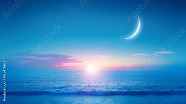 Obraz Crescent Moon over Tranquil Ocean at Dusk, a scene of serene beauty