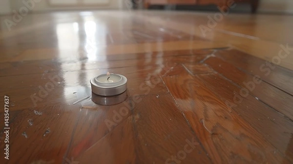 Obraz A lit tea light candle sitting on a wooden floor, creating a warm atmosphere
