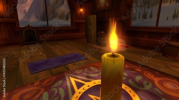 Fototapeta Candlelight Illuminating a Mystical Room with Snowy Window View Inside