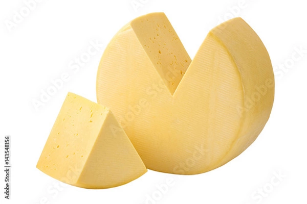 Obraz Cheese wheel and sector isolated with clipping path