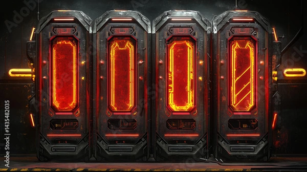 Fototapeta Four glowing red futuristic cryo pods in a dark metallic sci fi chamber with industrial detailing and ominous atmosphere.