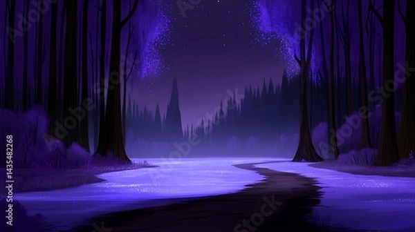 Obraz Ethereal Purple Nightscape: Serene Forest Path Under a Starry Sky