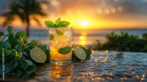 Fototapeta Close-up of a mojito cocktail at the bar of a summer bar in the summertime