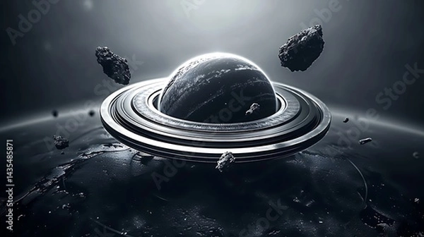 Obraz Monochromatic Saturn Illustration with Planetary Rings and Scattered Asteroids