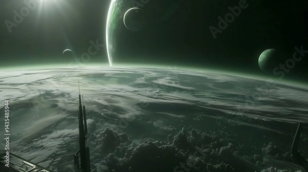 Fototapeta A captivating view of a planet and its moons from a futuristic space station