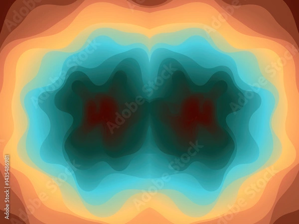 Obraz Abstract digital symmetrical composition with smooth, layered curves reminiscent of relief waves. Color palette consists of soft oranges and blues. 3d rendering